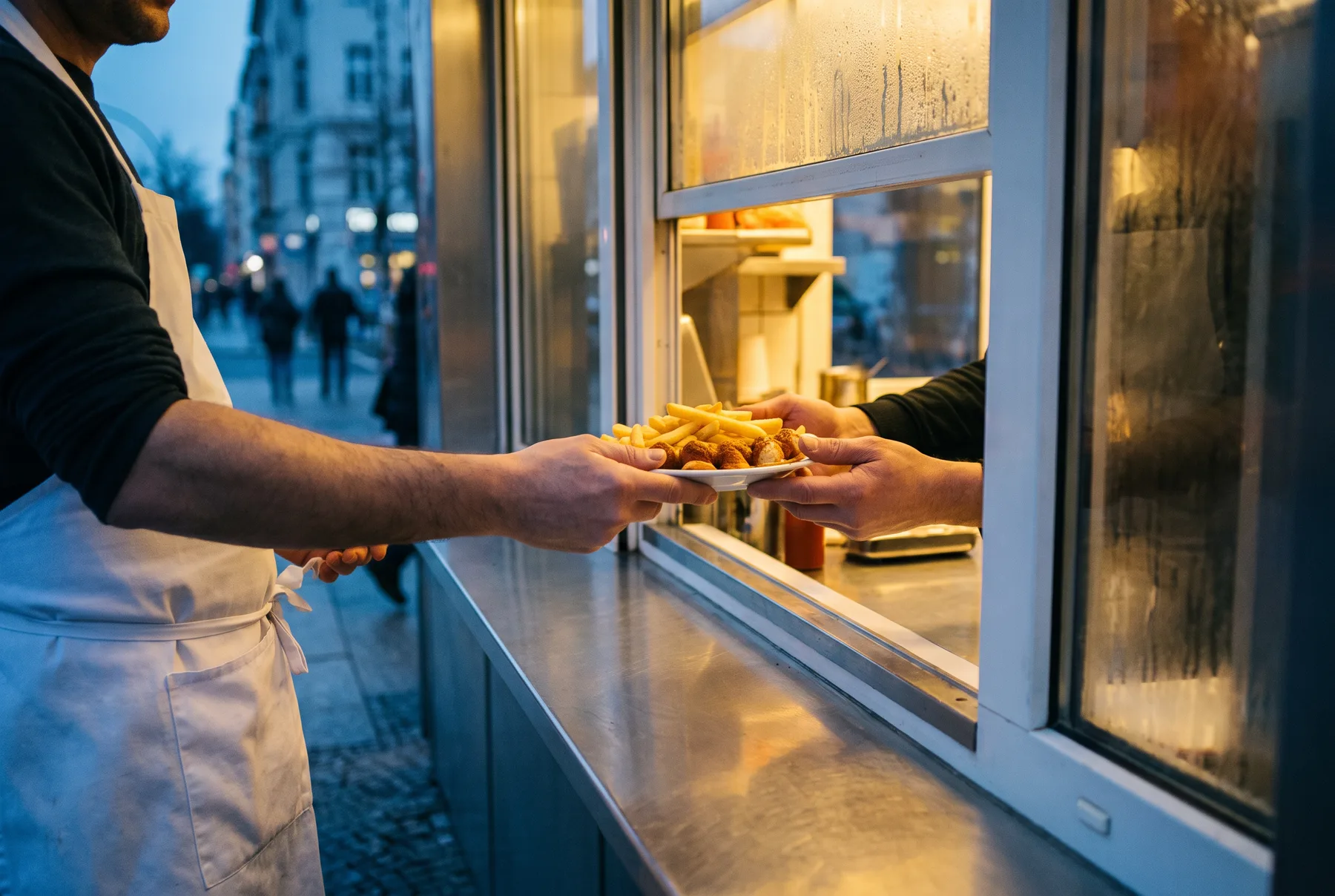 Ein Teller mit Currywurst und Pommes wird über einen Imbisstresen gereicht