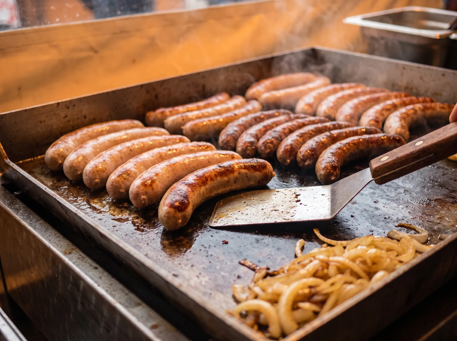 Bratwürste braten auf einer heißen Grillplatte, daneben geröstete Zwiebeln