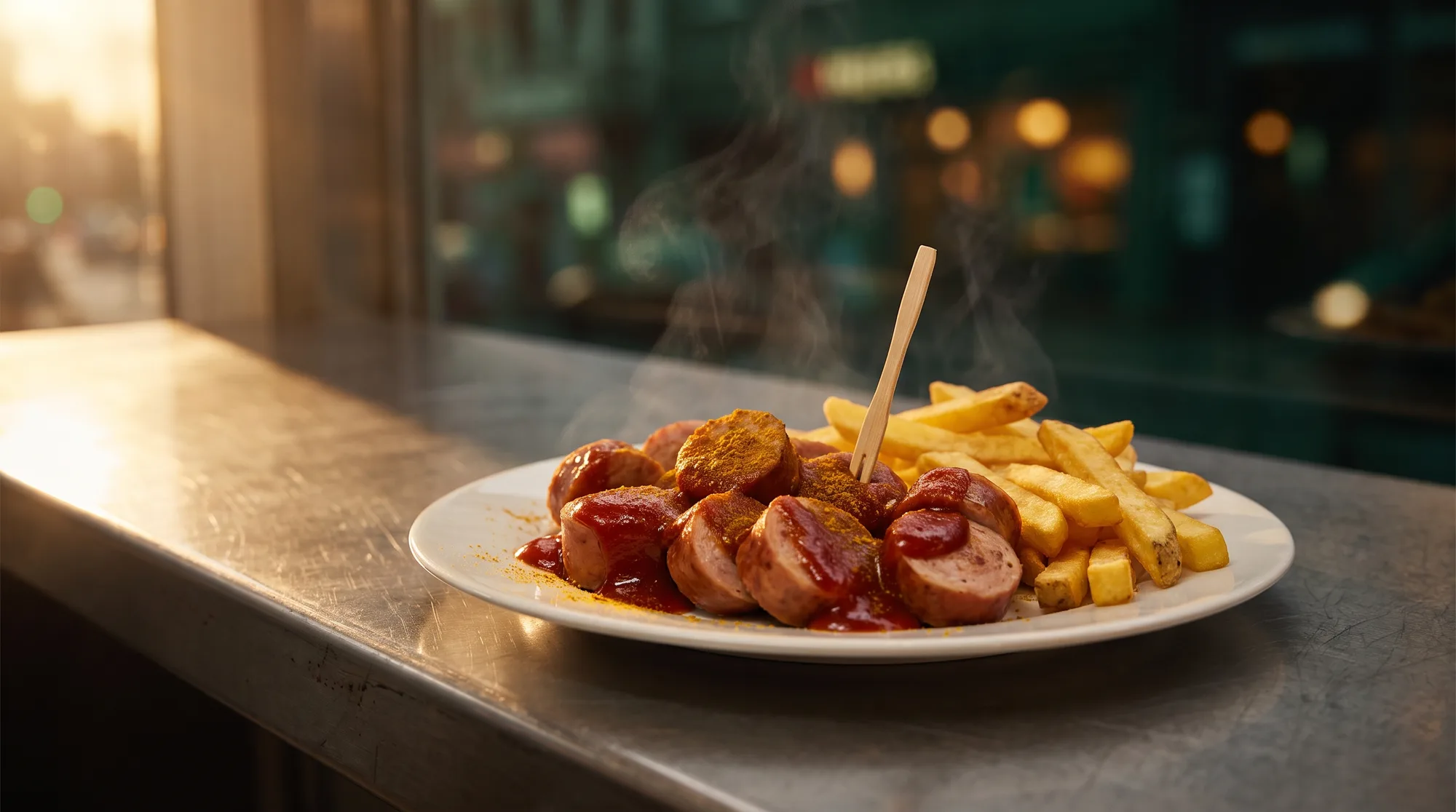 Currywurst in Scheiben mit Currysauce, Currypulver und Pommes frites auf einem weißen Teller an einem Imbisstresen