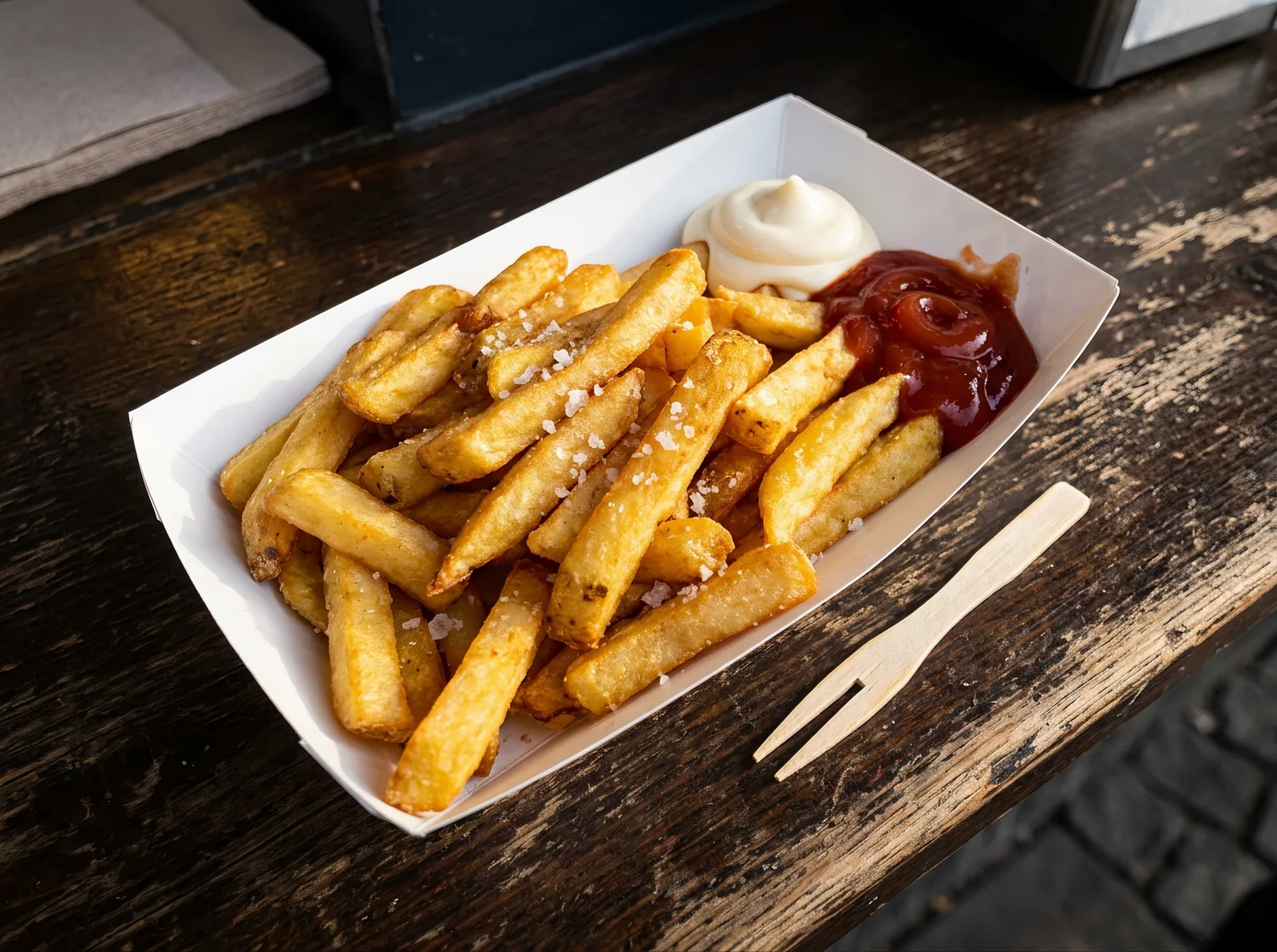 Portion Pommes frites in einer Papierschale mit Mayonnaise und Ketchup